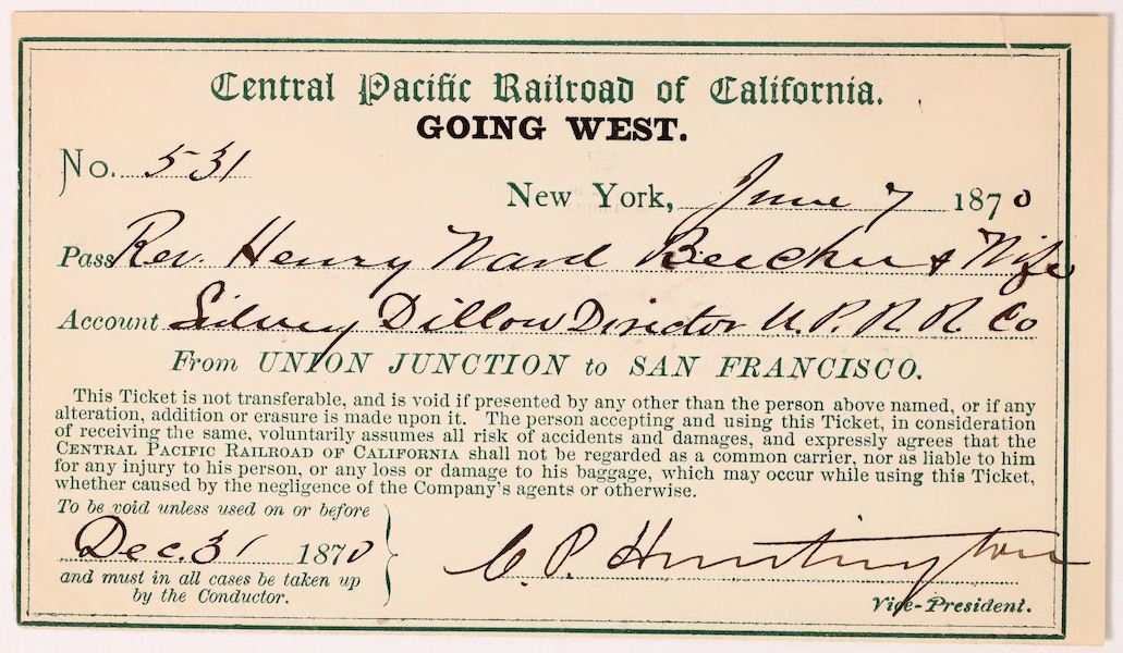 Central Pacific railroad pass signed by Collis P. Huntington, estimated at $4,000-$10,000