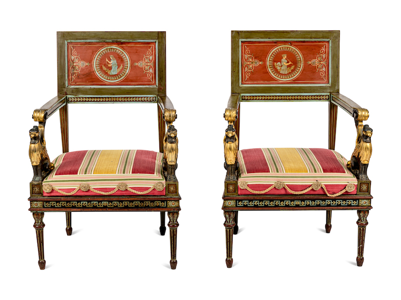 Pair of northern Italian Neoclassical bronze-mounted polychrome painted armchairs, estimated at $8,000-$12,000. Image courtesy of Hindman