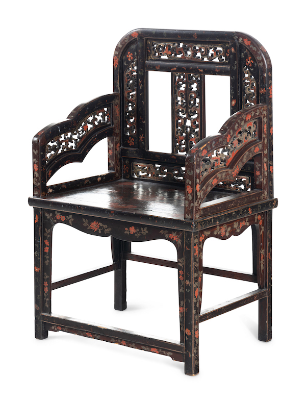 Qianlong period polychrome lacquered wood armchair, estimated at $3,000-$5,000