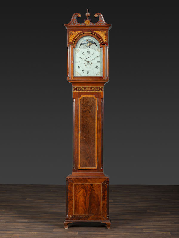 Federal inlaid and pierce-carved mahogany tall case clock, estimated at $10,000-$20,000