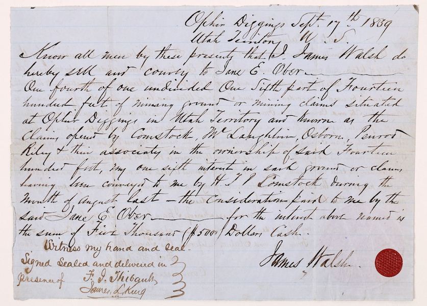 1859 mining deed for the Ophir claim, signed by Judge Walsh and mentioning the original discoverers, estimated at $5,000-$10,000