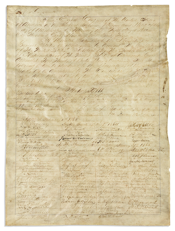 Manuscript broadside of the 13th Amendment, which abolished slavery, signed by Vice President Hannibal Hamlin and 111 congressmen, estimated at $80,000-$120,000