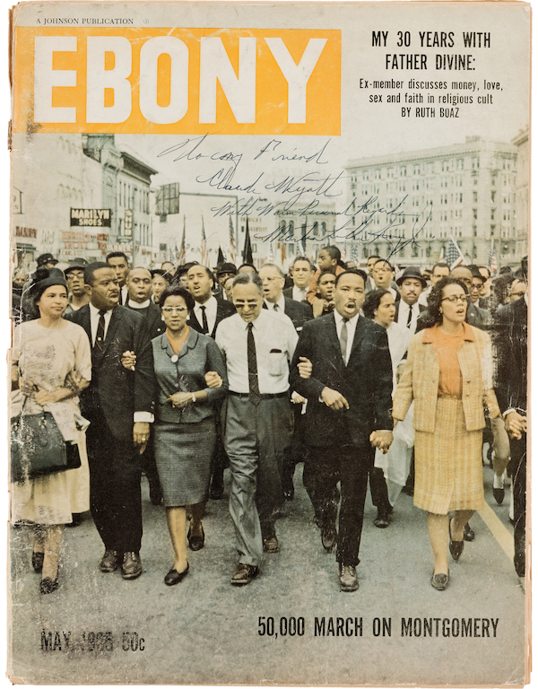 Martin Luther King Jr.-signed and -inscribed copy of Ebony magazine’s May 1965 issue, which covered the Selma to Montgomery marches, $93,750. Image courtesy of Heritage Auctions