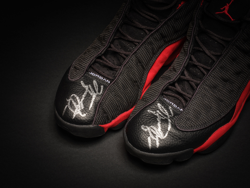 Sotheby’s believes this pair of Air Jordan XIII Breds that Michael Jordan wore in 1998 postseason play could break the current record for a pair of sneakers at auction, which was set at Sotheby’s in 2021 by a different set of Jordan-worn sneakers. Image courtesy of Sotheby’s