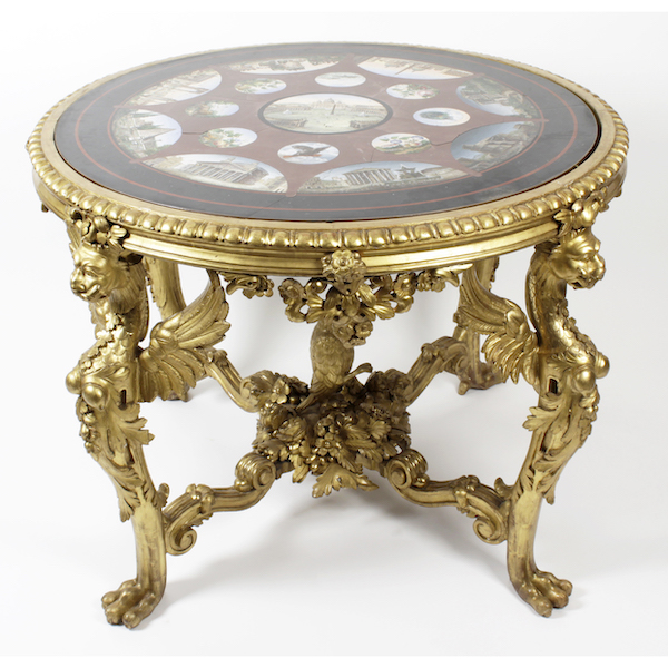 Another angle on the Italian 19th-century gilt wood table with inset micromosaic top, £61,750. Image courtesy of Fellows