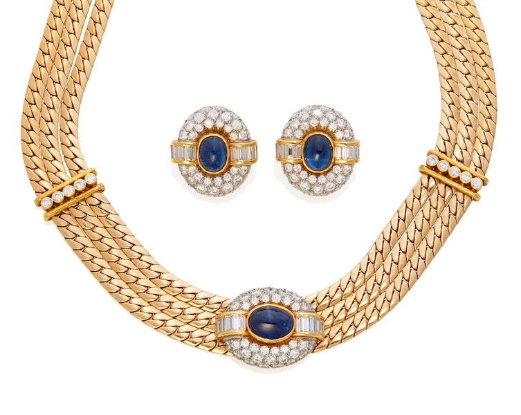 Three-piece set of Van Cleef & Arpels 18K yellow and white gold, cabochon sapphire and diamond jewelry, estimated at $12,000-$15,000