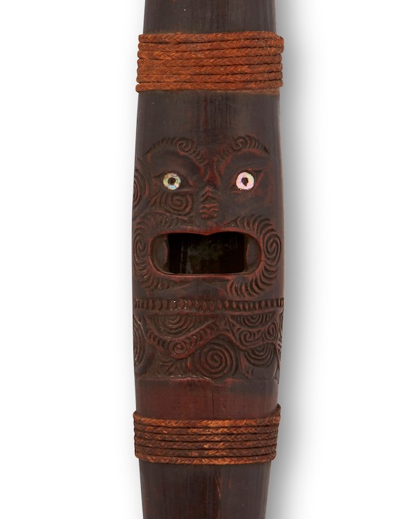 Maori Putorino wooden wind instrument, estimated at $8,000-$12,000. Image courtesy of John Moran Auctioneers