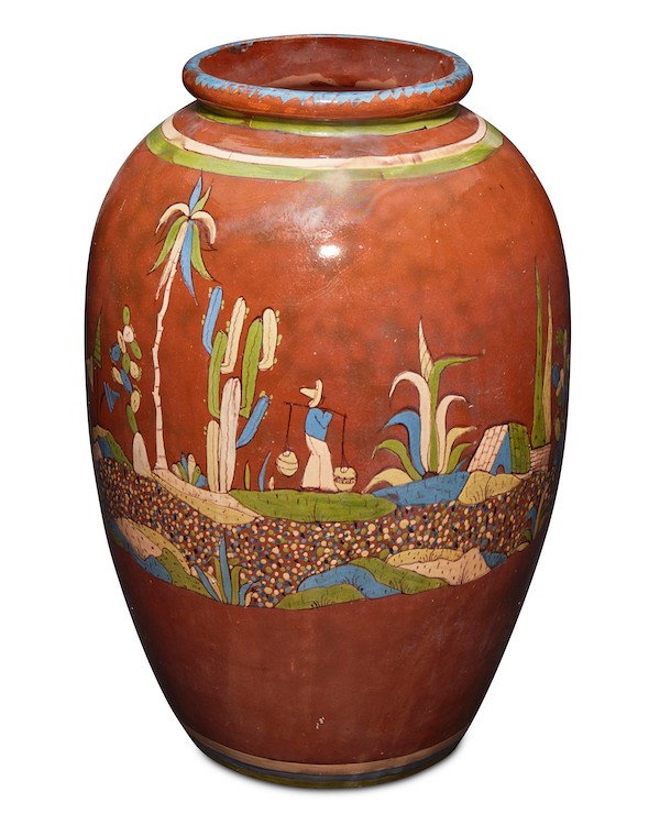 Large Tlaquepaque pottery oil jar, estimated at $1,000-$2,000
