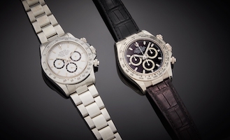 Left, Rolex Zenith Daytona, ref. 16520; Right, Rolex Daytona ref. 116519, both previously owned by Paul Newman and both individually estimated at $500,000-$1 million. Image courtesy of Sotheby’s.