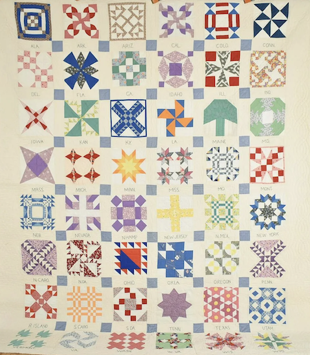 Circa-1930s-1940s sampler quilt, estimated at $1,500-$2,000