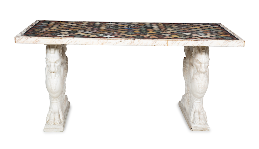 Italian specimen marble and carved white marble table, estimated at $10,000-$15,000. Image courtesy of Hindman