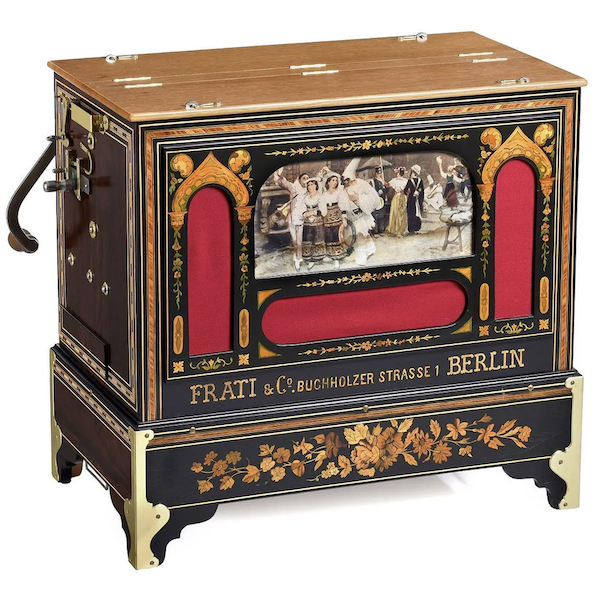 Circa-1880 trumpet barrel organ by Frati & Co. of Berlin, with 37 keys, estimated at $5,317-$9,570. Image courtesy of Auction Team Breker and LiveAuctioneers