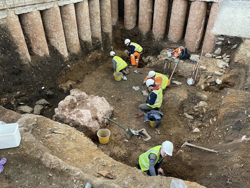 University of Leicester archaeologists shown excavating a Roman cellar at Leicester Cathedral. Image courtesy of University of Leicester Archaeological Services (ULAS)