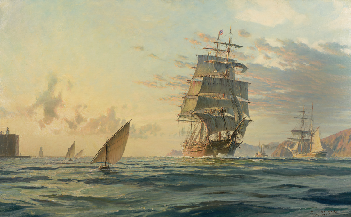 ‘Clipper Ship Dashing Wave Entering the Golden Gate, San Francisco,’ a work by British marine painter John Stobart, who died on March 2 at age 93. Image courtesy of Rehs Contemporary Galleries, Inc.