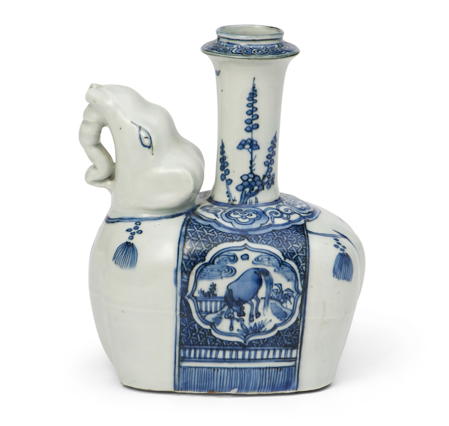Blue and white elephant-form Kendi, estimated at $4,000-$6,000. Image courtesy of Bonhams Skinner