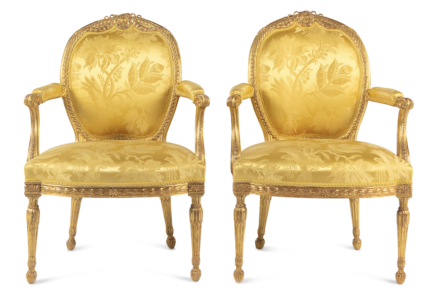 Pair of George III carved gilt wood armchairs, attributed to Thomas Chippendale, estimated at $50,000-$70,000