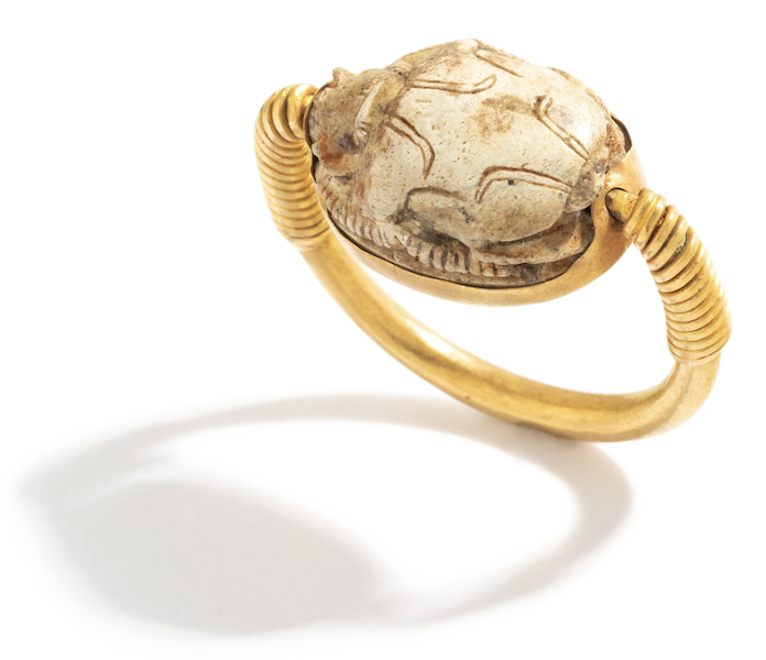 Egyptian gold and steatite scarab swivel ring, estimated at $800-$1,200