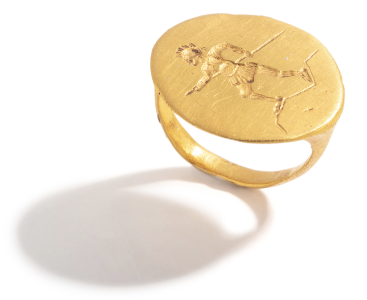 Greek gold finger ring with image of an armed Hoplite, estimated at $5,000-$7,000