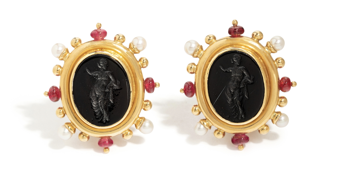 Elizabeth Locke gold, cultured pearl, ruby and glass cameo ear clips, estimated at $800-$1,200