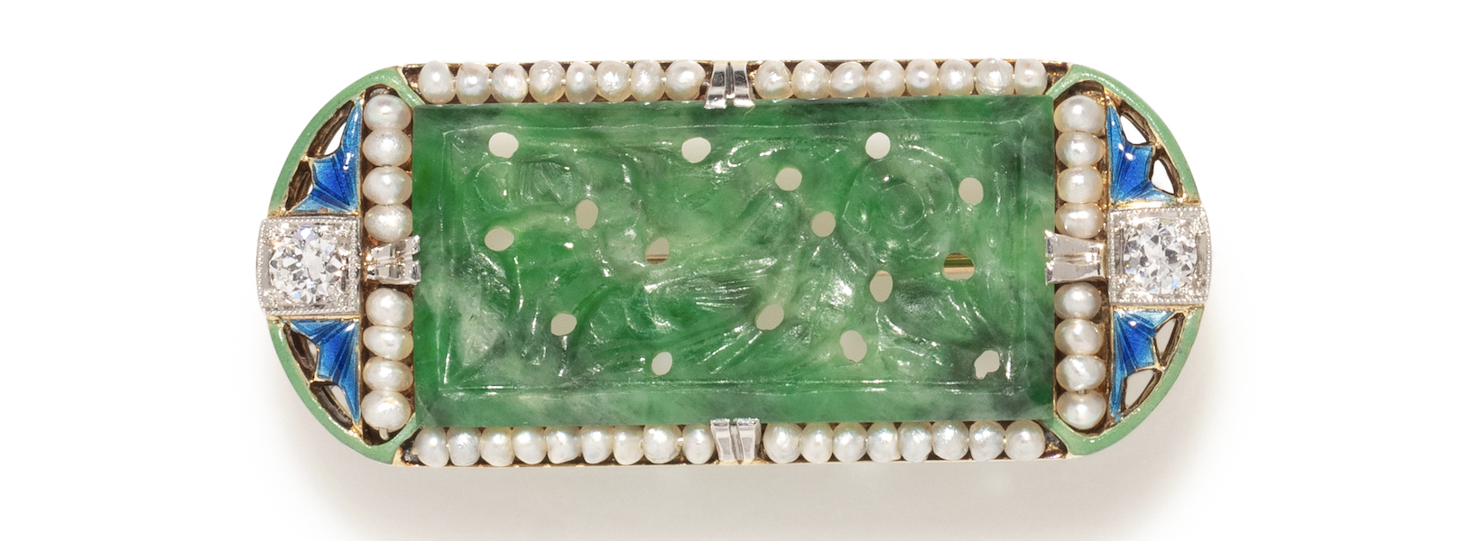 Art Deco Bailey, Banks & Biddle jade, diamond and enamel brooch, estimated at $1,000-$2,000