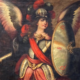 Detail from one of a large pair of Continental paintings of archangels, together estimated at $50-$5,000