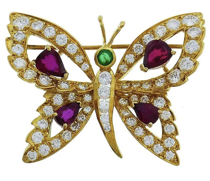 14K gold, diamond, ruby and emerald butterfly brooch, estimated at $4,500-$5,500