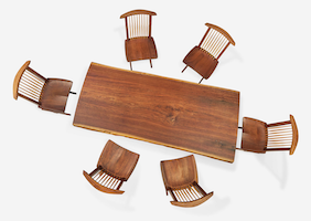Mira Nakashima, single-board Conoid dining table and set of six single-board Conoid dining chairs, estimated at $30,000-$50,000