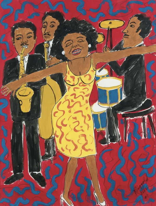‘Somebody Stole My Broken Heart,’ a 2004 acrylic and pen and ink on wove paper by Faith Ringgold, depicting a panel from her Jazz Stories series of story quilts, achieved $30,000 plus the buyer’s premium in April 2021. Ringgold will receive a gold medal for painting at the awards and induction ceremony to be held by the American Academy of Arts and Letters on May 24 in Manhattan. Image courtesy of Swann Auction Galleries