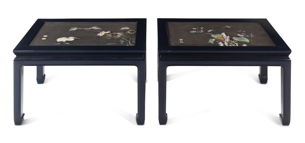 Pair of Chinese porcelain-inset polychrome lacquer panels mounted as tables, $28,350