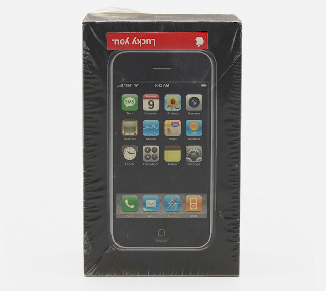 Factory-sealed first-generation Apple iPhone, estimated at $40,000-$60,000. Image courtesy of Rago/Wright, www.wright20.com