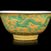 Chinese yellow-ground green-enameled dragon bowl, estimated at $600-$800