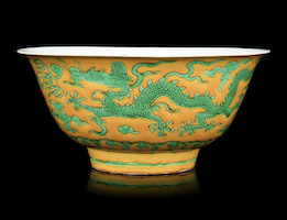 Chinese yellow-ground green-enameled dragon bowl, estimated at $600-$800