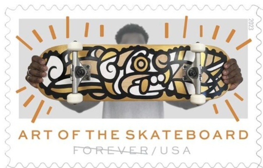 Detail showing one of the four Art of the Skateboard Forever stamps, released on March 24. Image courtesy of the USPS