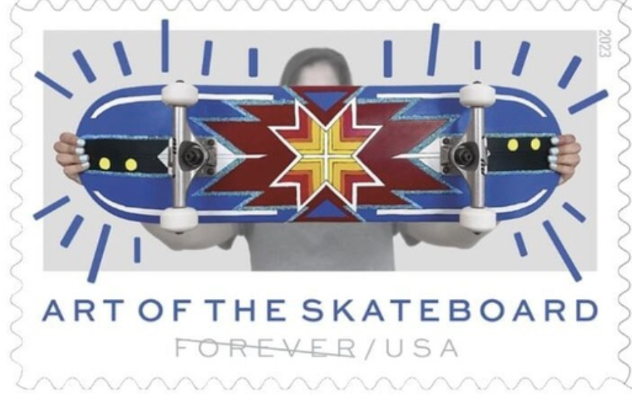 Detail showing one of the four Art of the Skateboard Forever stamps, released on March 24. Image courtesy of the USPS