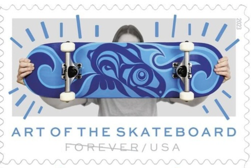 Detail showing one of the four Art of the Skateboard Forever stamps, released on March 24. Image courtesy of the USPS 