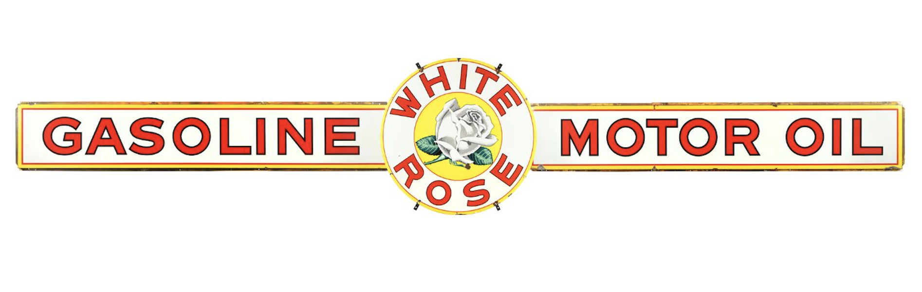 Canadian 1940s White Rose Gasoline three-piece single-sided porcelain banner sign, CA$18,880