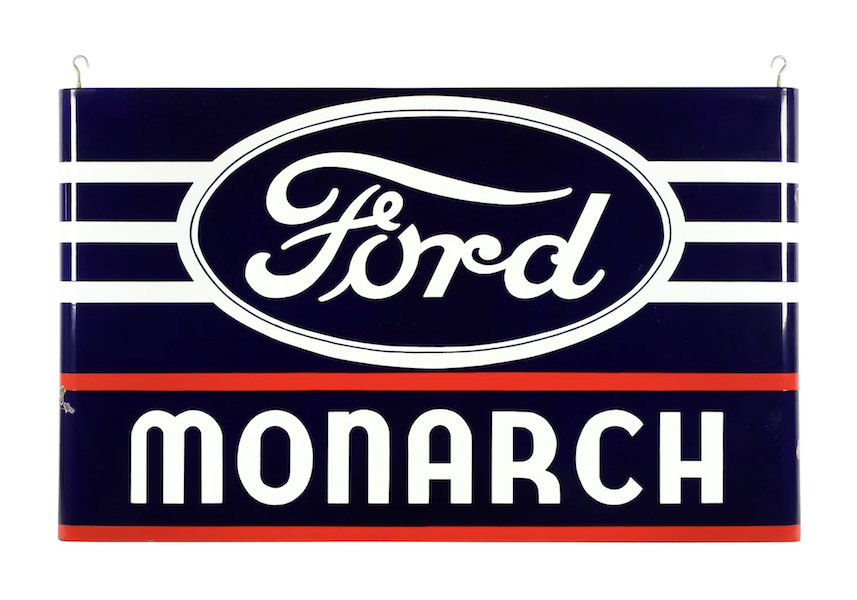 Canadian 1940s Ford Monarch porcelain dealer sign with bullnose ends, CA$10,030