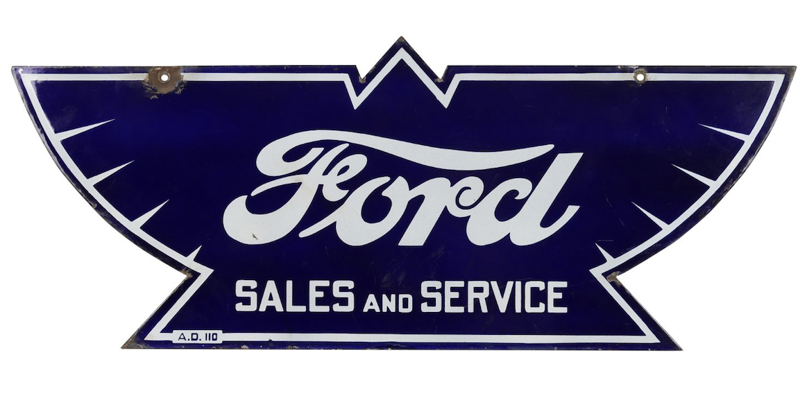 Canadian 1920s Ford double-sided porcelain sign retaining the original hanging loops and short lengths of chain, CA $8,850