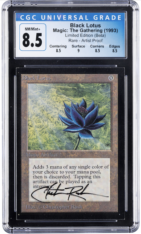 A Magic: The Gathering Artist Proof Black Lotus card, signed by its artist, Christopher Rush, set a new world auction record March 24 when it earned $615,000 at Heritage Auctions. Image courtesy of Heritage Auctions, ha.com