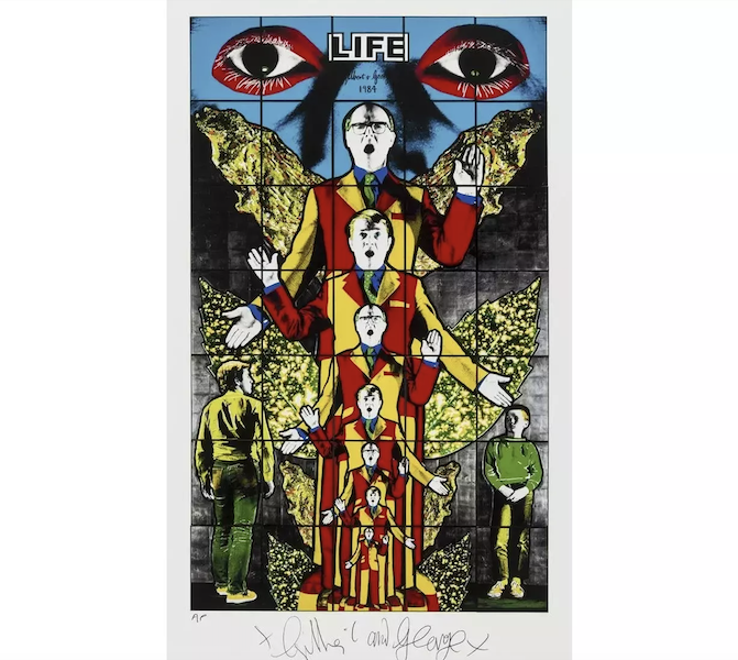 Gilbert and George’s 2010 set of four giclée prints in colors, ‘Death, Hope, Life, Fear,’ signed and inscribed, sold for £1,300 (about $1,600) plus the buyer’s premium in September 2019. Image courtesy of Forum Auctions and LiveAuctioneers.