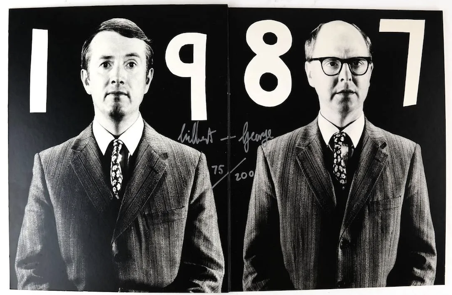 Gilbert and George’s ‘1987,’ a signed limited edition pair of black-and-white portraits on card stock, connected with a black linen hinge, went for $800 plus the buyer’s premium in March 2017. Image courtesy of Roland NY and LiveAuctioneers.