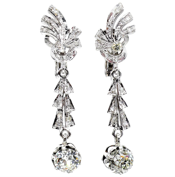 Art Deco 18K white gold diamond drop earrings with GIA-certified diamonds, estimated at $14,000-$17,000 