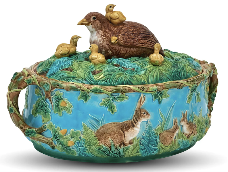 George Jones majolica Full Nest game pie dish, liner and cover, estimated at $15,000-$25,000