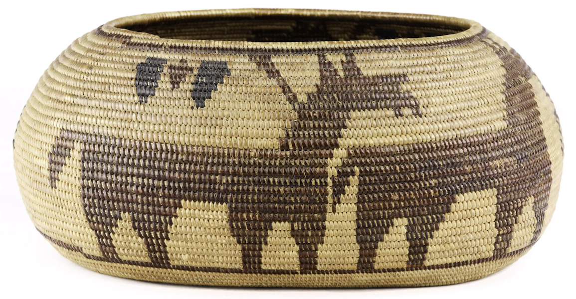 This late 19th- or early 20th-century Native American Yokuts polychrome basket decorated with horses and figures sold for $3,250 plus the buyer’s premium in March 2021. Image courtesy of Clars Auction Gallery and LiveAuctioneers