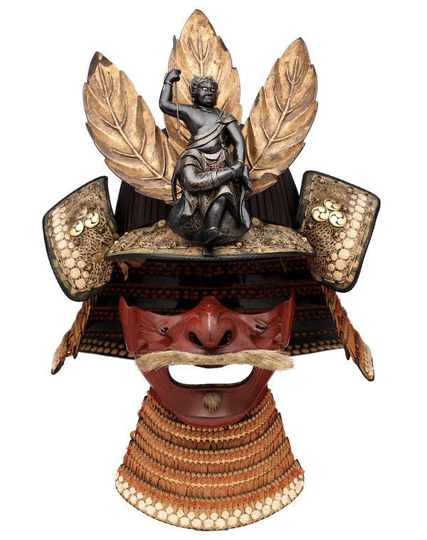 Sujibachi kabuto (ridged helmet) and menpo (half mask), signed: Echizen no kuni Toyohara ju Bamen Sadao (Sadao of the Bamen school, living in Toyohara, Echizen province), late Muromachi (helmet) to Momoyama period (mask), late 16th century, iron, copper, shakudo, gold, lacing, wood, leather, horsehair. © The Ann & Gabriel Barbier-Mueller Museum, Dallas. Photo: Brad Flowers. 