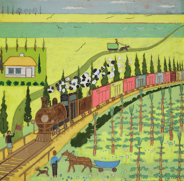 George Voronovsky (Ukrainian-American, 1903–1982), ‘Untitled (Train),’ 1972–1982, paint on cardboard, 12 by 12in, courtesy of the Monroe Family collection. © George Voronovsky. Photo courtesy of High Museum of Art. 