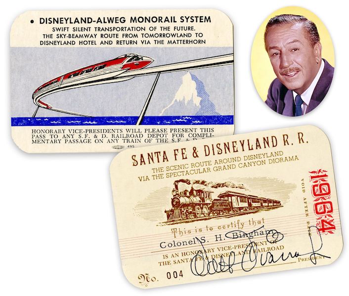 Walt Disney-signed Santa Fe & Disneyland Railroad and monorail pass, estimated at $8,000-$10,000