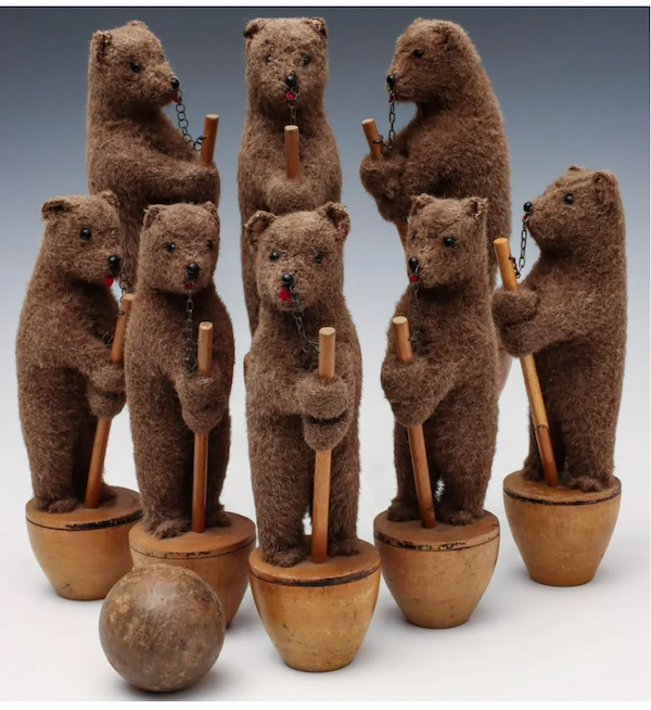 A Steiff skittles set, designed in the form of standing or dancing bears, brought $14,000 plus the buyer’s premium in December 2020. Image courtesy of Soulis Auctions and LiveAuctioneers.