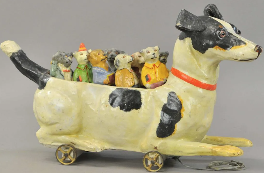 A German skittles set in the form of a dog fitted with glass eyes made $10,000 plus the buyer’s premium in November 2018. Image courtesy of Bertoia Auctions and LiveAuctioneers.