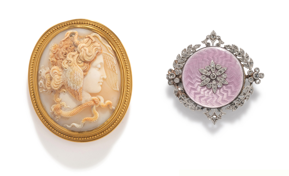Left, Neoclassical gold and carved Carnelian conch shell cameo brooch picturing Medusa, estimated at $800-$1,200; Right, Edwardian diamond and enamel brooch, estimated at $600-$800